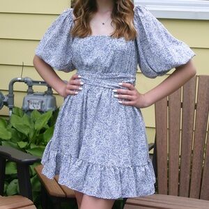 Blue Floral Dress with Puff Sleeves
